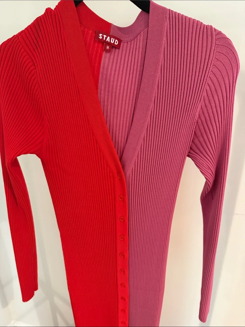 STAUD Two-Tone Red & Pink Ribbed Button-Front Maxi Dress - Picture 3 of 6